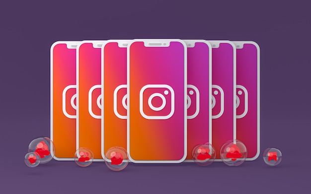 Фото Значок instagram на экране смартфона или мобильного телефона и реакция instagram любят рендеринг