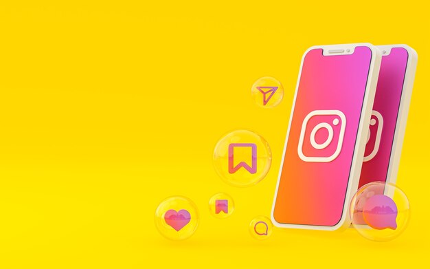 Фото Значок instagram на экране смартфона или мобильного телефона и реакция instagram любят рендеринг