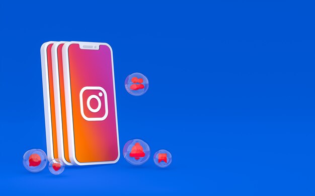 화면 스마트 폰 또는 모바일의 Instagram 아이콘, 3d 렌더링