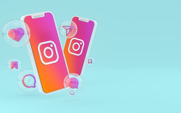 Значок Instagram на экране смартфона или мобильного телефона и реакции instagram 3d-рендеринга