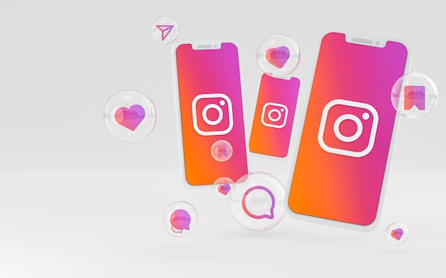 화면 스마트 폰 또는 모바일 및 Instagram 반응의 Instagram 아이콘 3d 렌더링