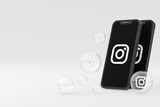 Значок Instagram на экране смартфона или мобильного телефона, а реакции instagram любят 3d-рендеринг на сером фоне