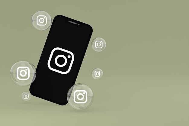 Значок Instagram на экране смартфона или мобильного телефона, а реакции instagram любят 3d-рендеринг на зеленом фоне