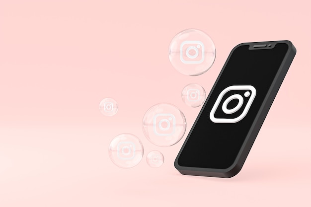 Icona di instagram sullo schermo dello smartphone o del cellulare e le reazioni di instagram amano il rendering 3d su sfondo rosa