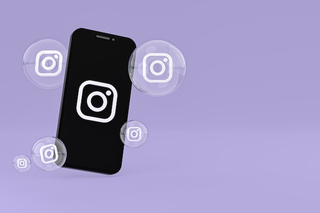 Значок Instagram на экране смартфона или мобильного телефона, а реакции instagram любят 3d-рендеринг на фиолетовом фоне