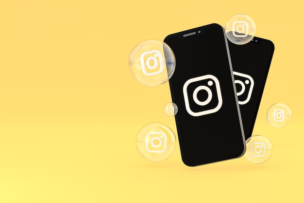 Значок Instagram на экране смартфона или мобильного телефона, а реакции instagram любят 3d-рендеринг на желтом фоне