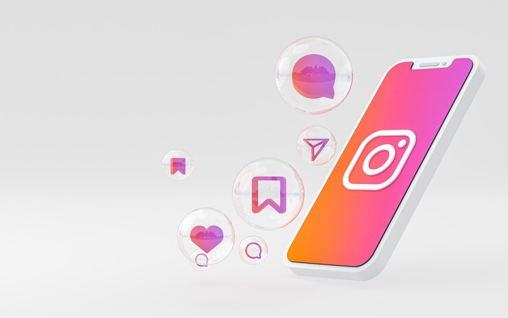 화면 스마트 폰 또는 모바일 및 Instagram 반응의 Instagram 아이콘은 3d 렌더링을 좋아합니다.