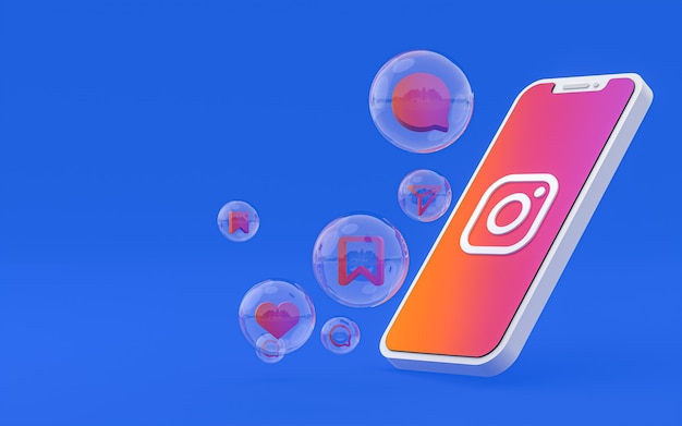 Instagram icon on screen smartphone or mobile and instagram reactions love 3d render