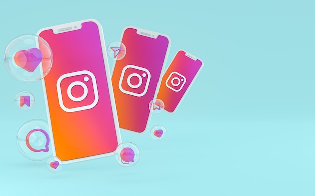 Значок Instagram на экране смартфона или мобильного телефона, а реакции instagram любят 3d-рендеринг