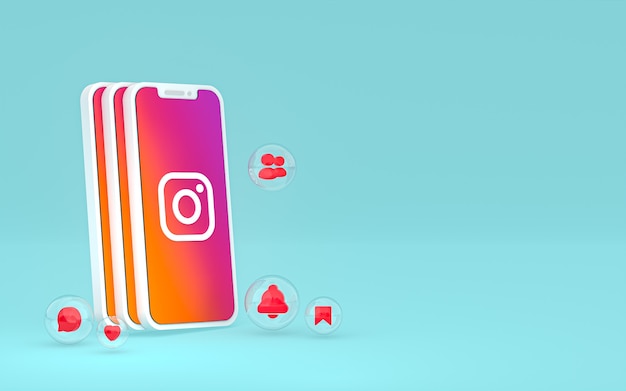 画面のスマートフォンまたはモバイル上の Instagram アイコンと instagram の反応は、3 d レンダリングが大好き