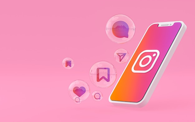 Photo instagram icon on screen smartphone or mobile and instagram reactions love 3d render