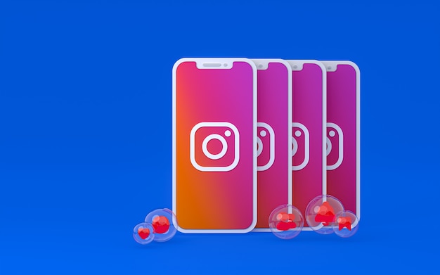 Photo instagram icon on screen smartphone or mobile and instagram reactions love render