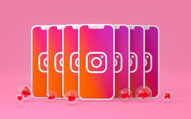 Photo instagram icon on screen smartphone or mobile and instagram reactions love render