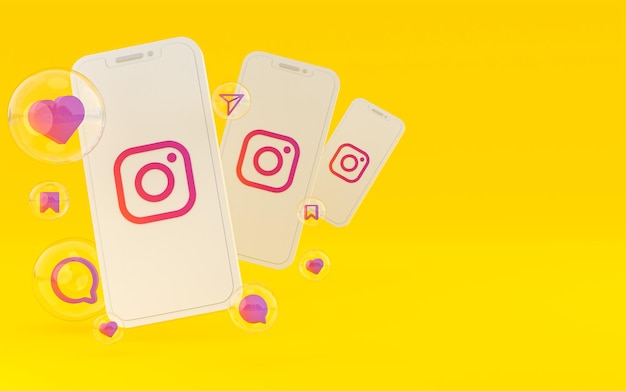 화면 스마트폰 또는 휴대 전화 3d 렌더링의 Instagram 아이콘