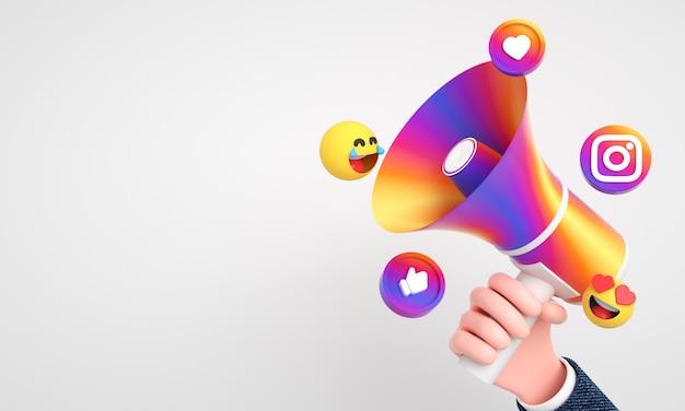 Instagram icons and logos with 3d megaphone for digital and social media marketing background