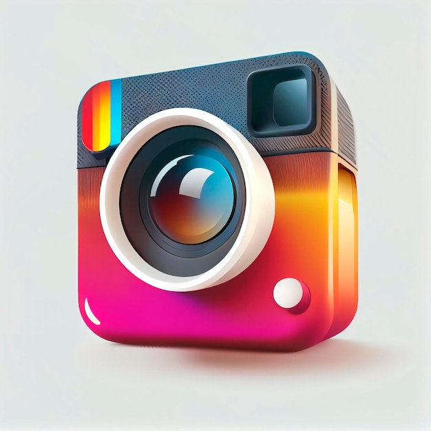 Instagram logo camera icon with white background, gradient color symbol floating in 3D rendering.