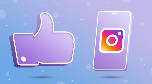 Instagram logo on smartphone with thumbs up like icon 3d