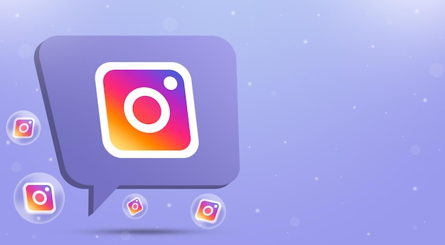 Instagram logo on speech bubble with bubbles and logo around 3d