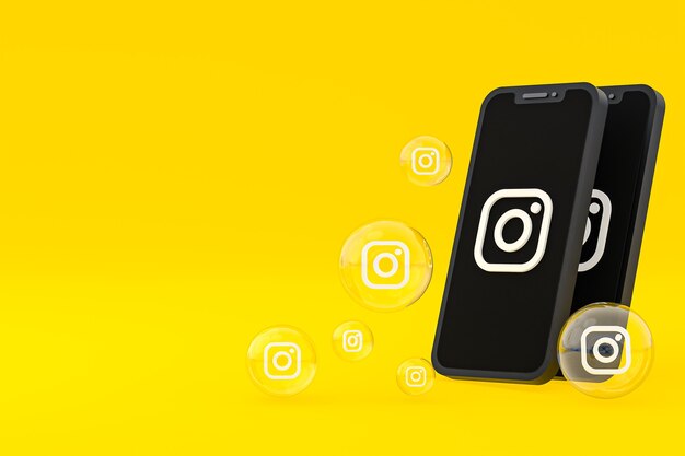 Instagram-pictogram op scherm smartphone of mobiel en instagram reacties houden van 3d render op gele achtergrond yellow