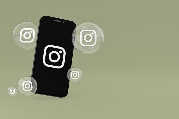 Instagram-pictogram op scherm smartphone of mobiel en instagram reacties houden van 3d render op groene achtergrond