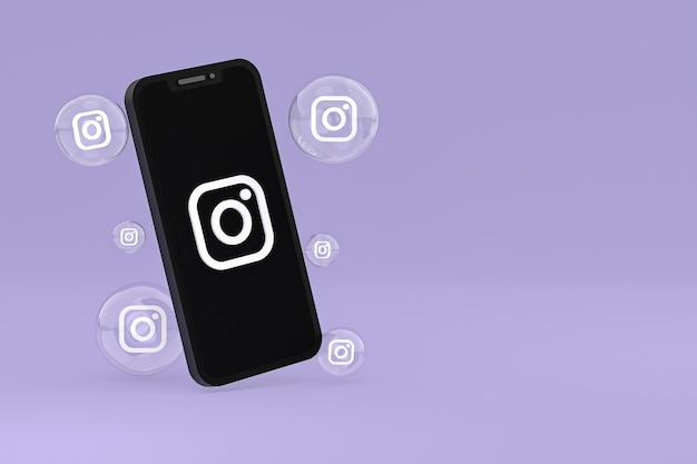 Foto instagram-pictogram op scherm smartphone of mobiel en instagram-reacties houden van 3d render op paarse achtergrond