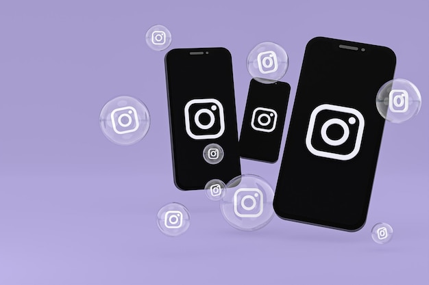 Foto instagram-pictogram op scherm smartphone of mobiel en instagram-reacties houden van 3d render op paarse achtergrond