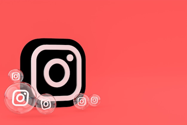 Instagram-pictogram op scherm smartphone of mobiel en instagram reacties houden van 3d render op rode achtergrond