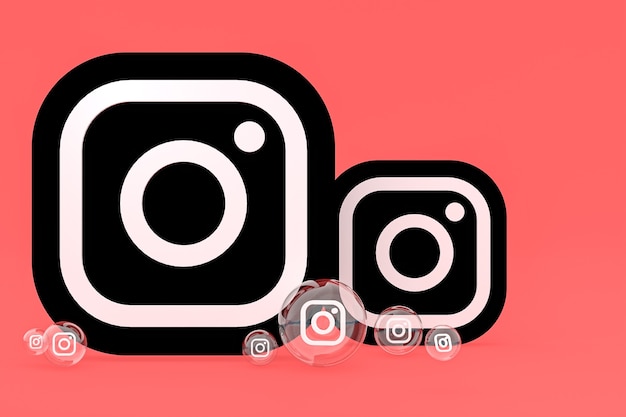 Instagram-pictogram op scherm smartphone of mobiel en instagram reacties houden van 3d render op rode achtergrond