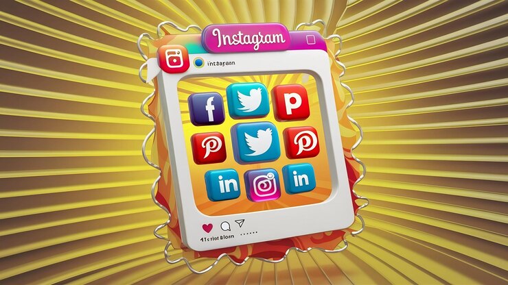 Photo instagram post frame and icons 3d render yellow background social media illustration