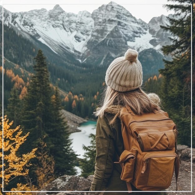 산을 바라보는 여행자 여성의 인스타그램 포스트