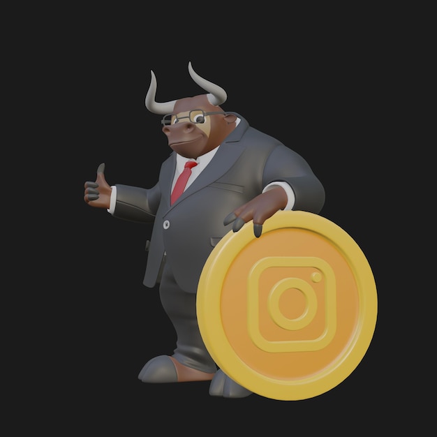 Photo instagram social media corporate bull buy cartoon character leans coin 3d illustration