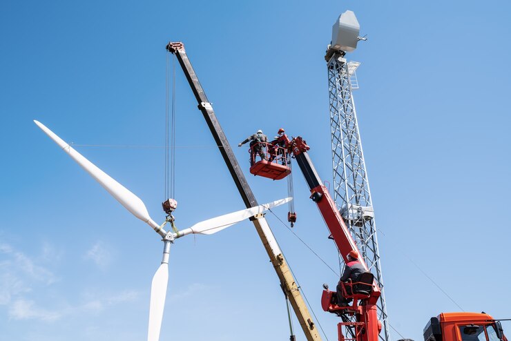 Installateurs gebruiken vrachtwagenkraan en hoogwerker om de rotor van de windturbine omhoog te brengen