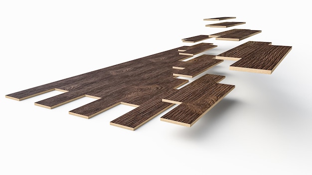 Installatie van houten vloeren voor het bevestigen van parket op de vloer. 3d illustratie over constructie