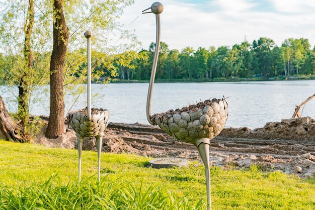 Installatie van kranen gemaakt van ijzeren tribunes op een oever van een openbaar meer in het stadspark met meer Wandelen Stedelijk Stadspark Vers Verharding Platteland Sfeer Conditie Ecosysteem Klimaat