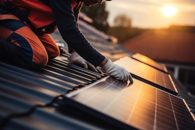 Installatie van zonnepanelen Bouwvakker met veiligheidshelm die op het dak werkt