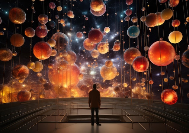 An installation artinspired image of an astronomer surrounded by floating orbs each representing