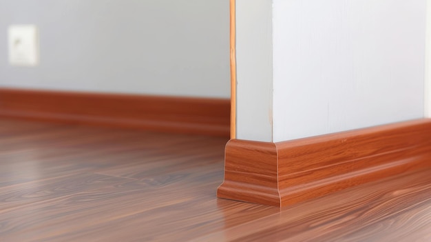 Photo installation of a brown wooden baseboard at the bottom of the wall