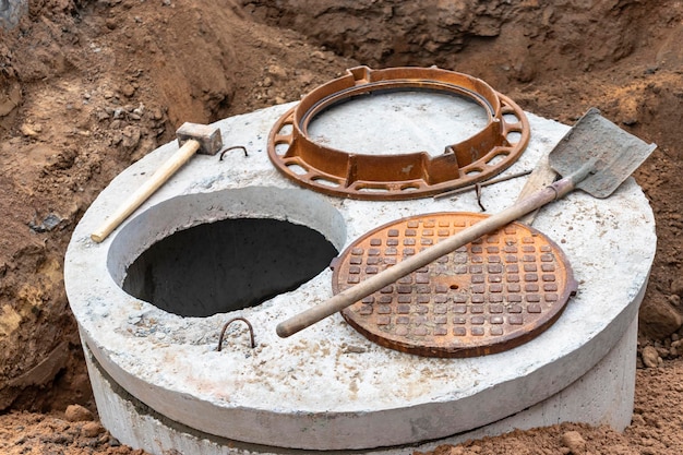 Installation of a reinforced concrete well for water supply and sewerage at the construction site Well rings with cast iron hatch and construction tool