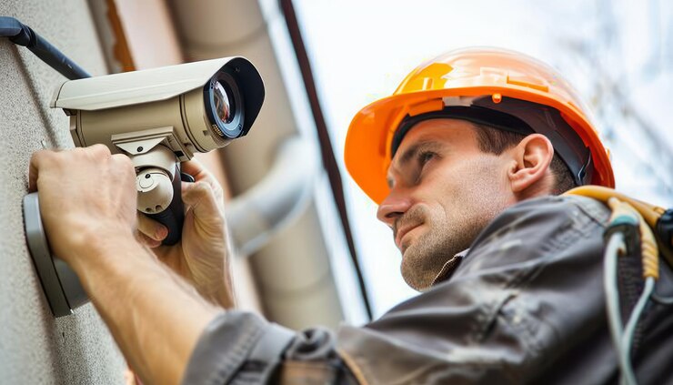 Installeerder van beveiligingscamera's aan het werken aan een muur