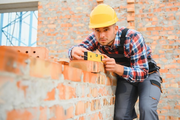 Installing brick wall construction worker in uniform and safety\
equipment have job on building