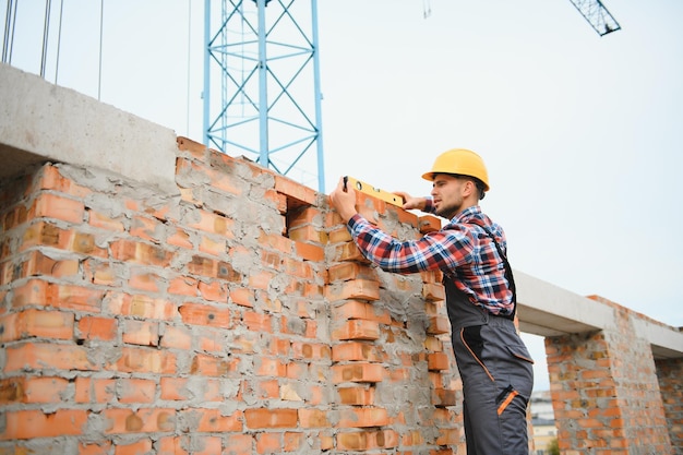 Installing brick wall construction worker in uniform and safety\
equipment have job on building