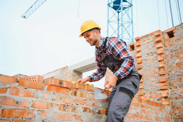 レンガの壁を設置する建設作業員を制服と安全装置に設置するのは建物の仕事です