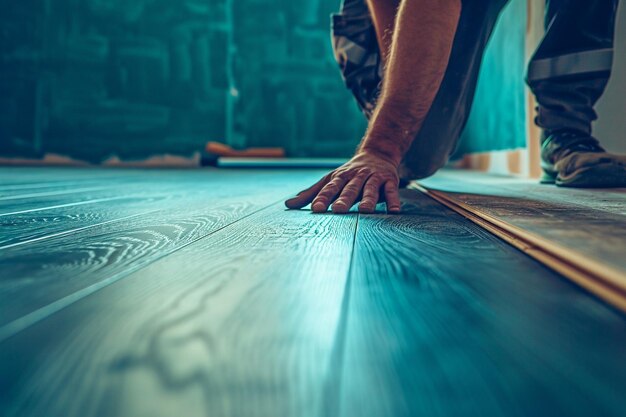 Installing flooring with dark teal and amber aesthetics