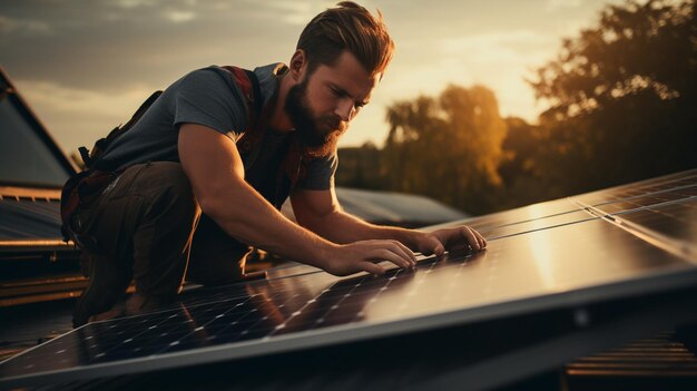 Installing solar photovoltaic panel system Solar panel technician installing solar panels on roof