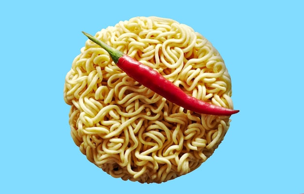 Foto instant noedels en rode chilipeper, japanse ramen, pasta koken eten en drinken