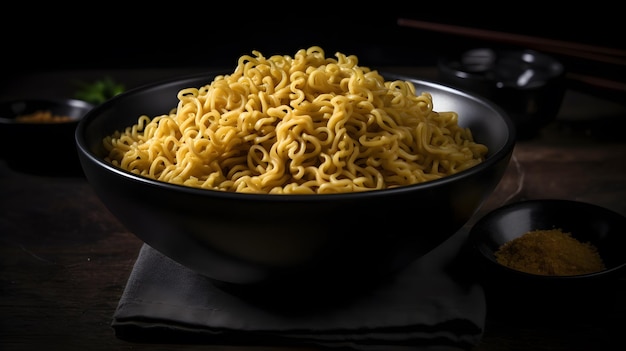 Instant noodles in a black bowl generative ai