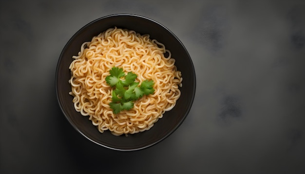 Instant noodles in bowl isolated on dark background top view