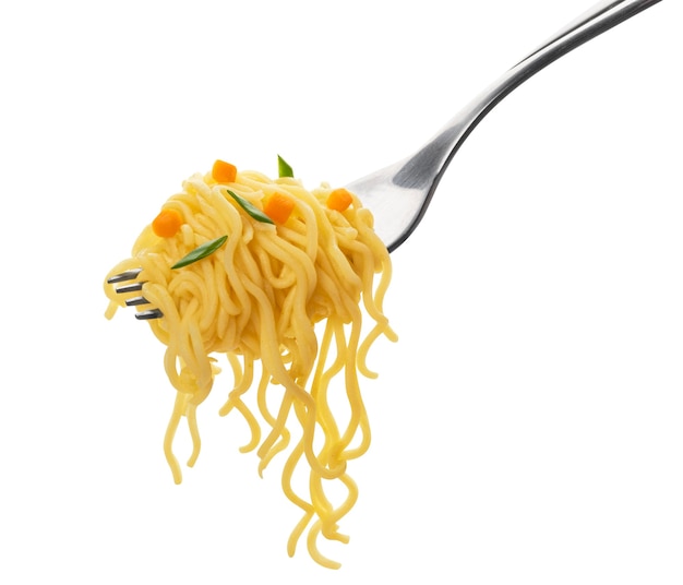 Instant noodles, pasta with fork isolated on white background with clipping path