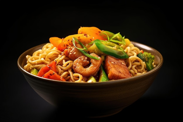 instant noodles with chicken pieces and various topping