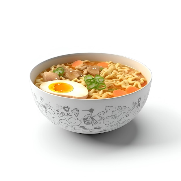 白い背景の 3 d イラストを分離したボウルに卵とインスタント ラーメン